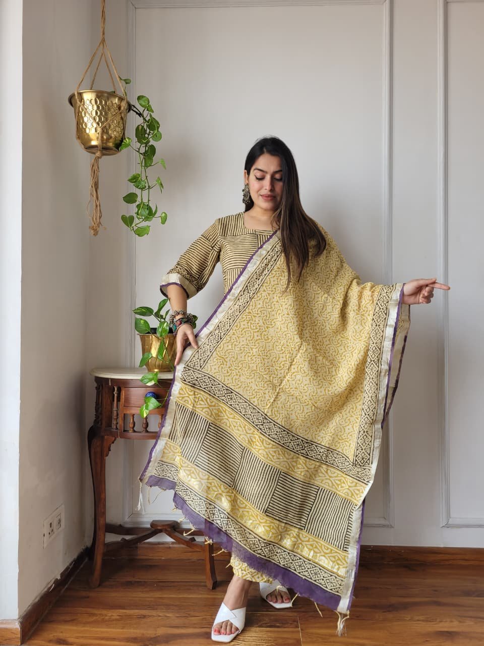 Yellow Bagru Hand Block Printed Linen Suit Set